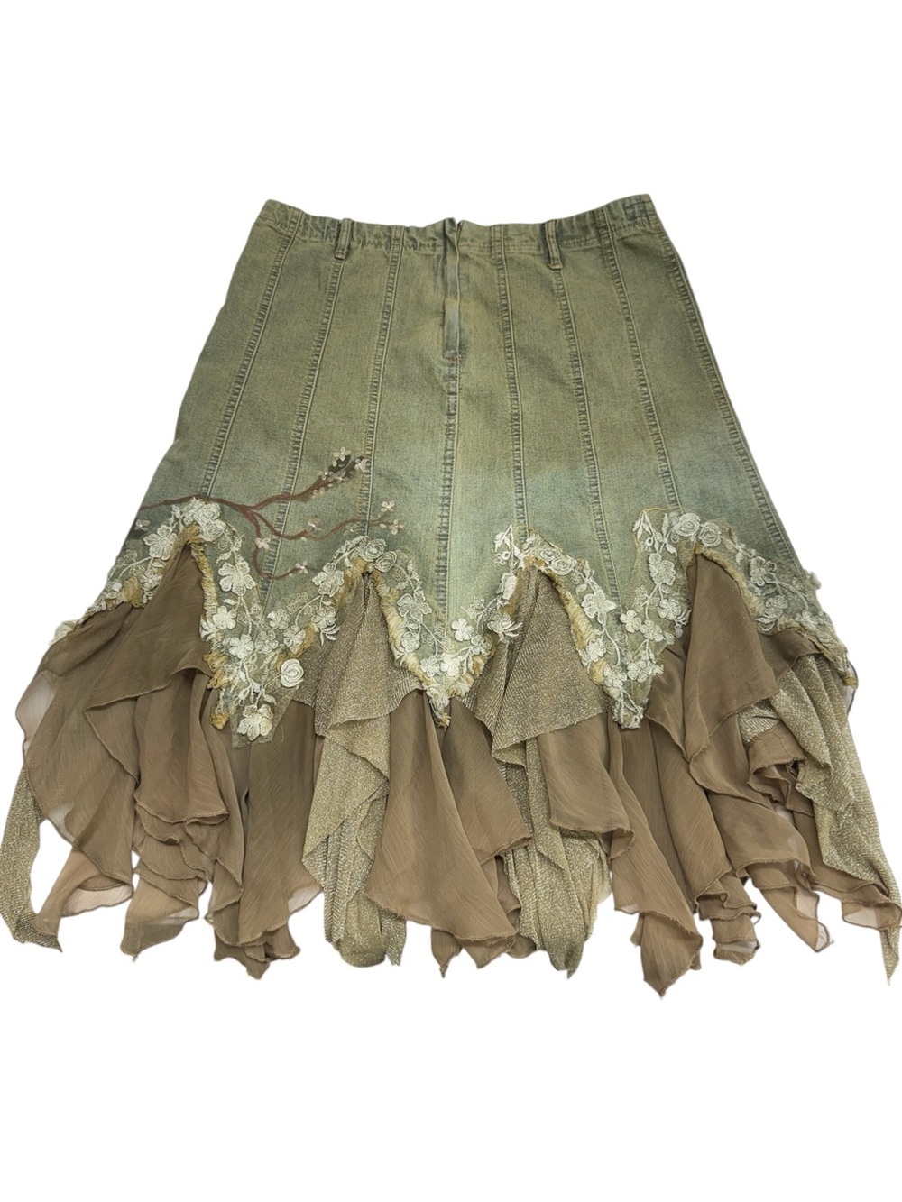 Layered Olive Green Asymmetrical Boho Midi Skirt - Picture 3 of 12
